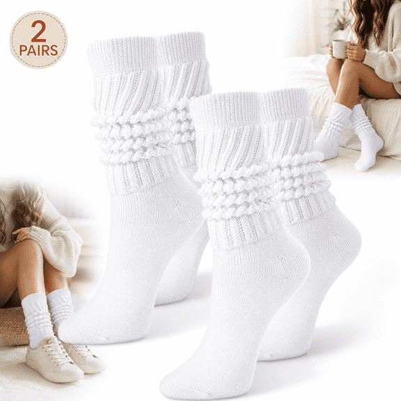 Emlimny 2 Pairs Slouch Socks for Women, Cotton Stacked Socks,Soft Scrunch Socks Extra Long Chunky Scrunch Knee High Sock Winter Knit Slouchy Socks Leg Warmmer for Women Size 6-11