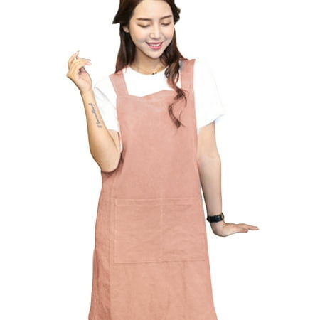 

SANWOOD Fashion Cotton Linen Cross Back Pocket Kitchen Protective Apron Cafe Smock