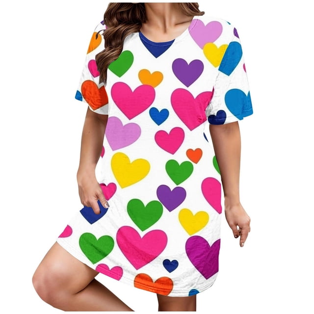 Kelon Nuisettes et Chemises de Nuit pour Femmes Grande Taille Robe de Nuit Décontractée pour Femmes Grande Taille Imprimé Cœur Manches Courtes Col Rond Extensibilité Moyenne Nuisette Ample Robe de Nuit de la Saint-Valentin