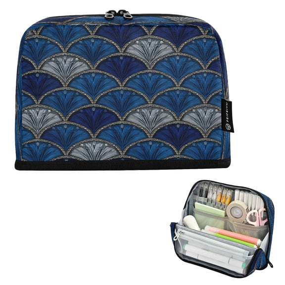Standing Pencil Case with Base Large Capacity Stationery Pouch Pen Bag with Zipper for Women Men Dark Blue Fan-shaped Pattern