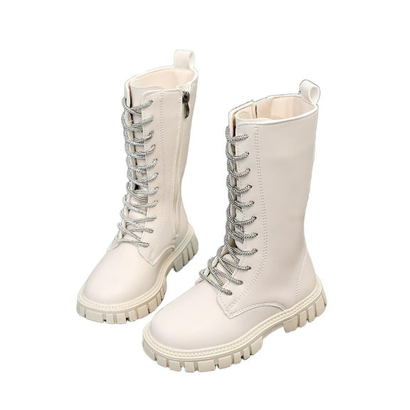 SZJXBUY Cowgirl Boots for Little Girls Waterproof PU Leather Goth Combat Boot Side Zipper Punk Waterproof Mid Calf Riding Winter Shoes White,8 Years