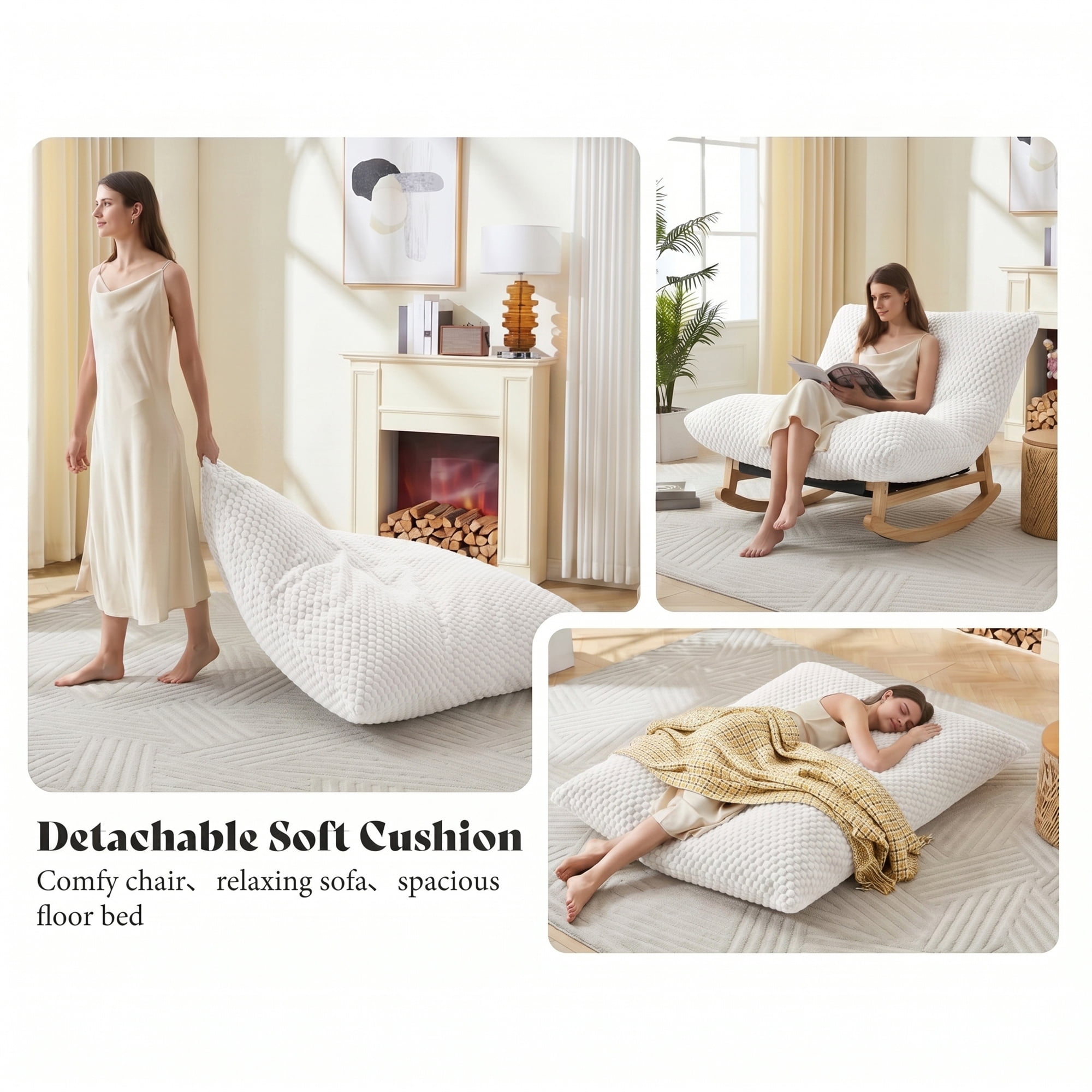 Aukfa 41" Oversized Wooden Rock & Chaise Lounge, 3 in 1 Convertible Glider Sofa Chair for Living Room Bedroom, Plush Cushion, Corduroy, White