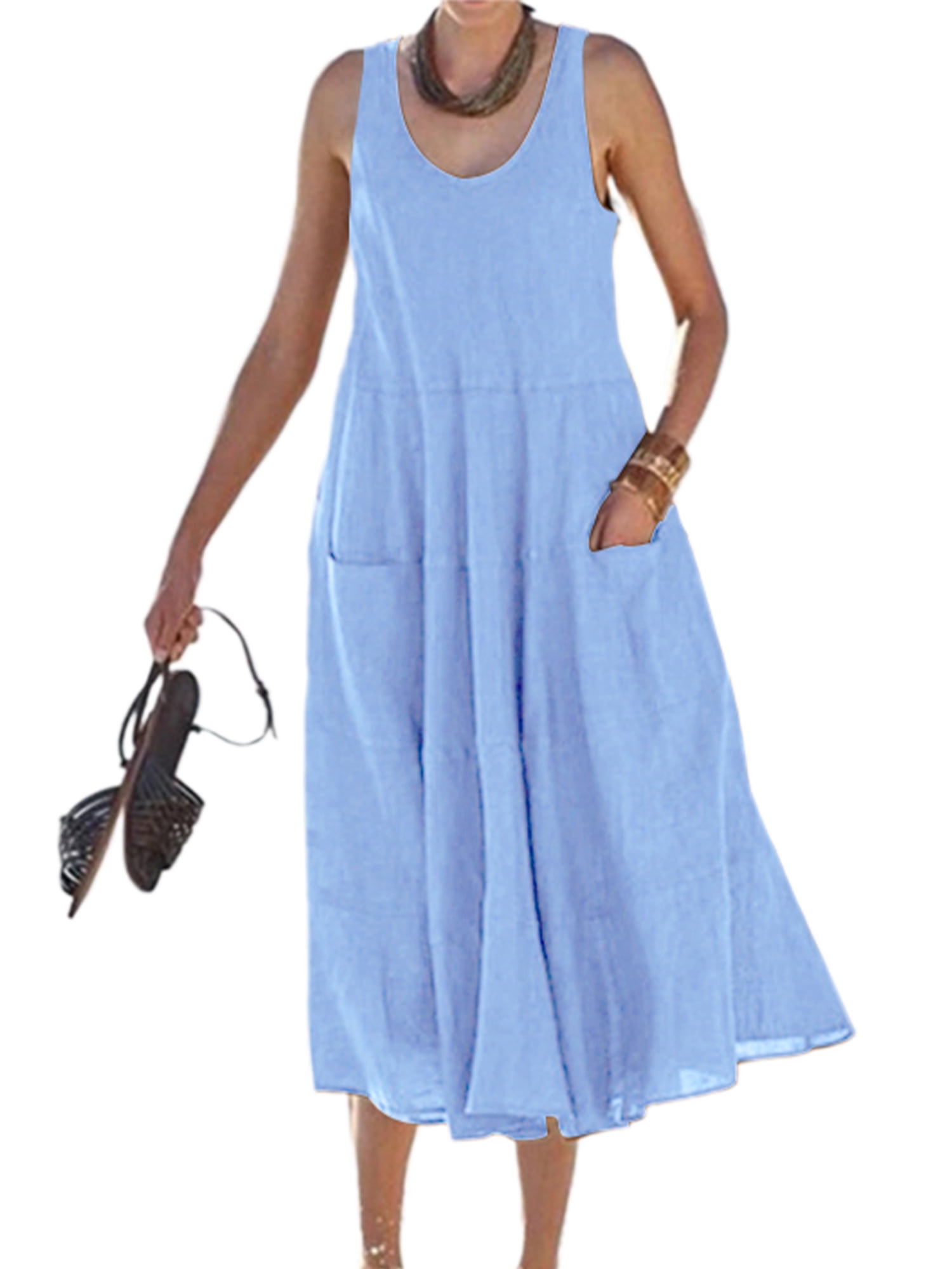 Womens Summer Dresses Casual Loose Knee Length Tank Dress Sleeveless Scoop Neck Pleated Romper Midi T Shirt Dress 