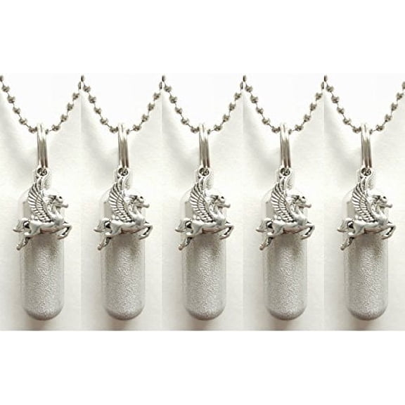 Family Set of FIVE Brushed Silver FLYING HORSE PEGASUS CREMATION URN Keepsakes with Laser Engraved Hearts - Includes Velvet Pouches, Ball-Chains and Fill Kit