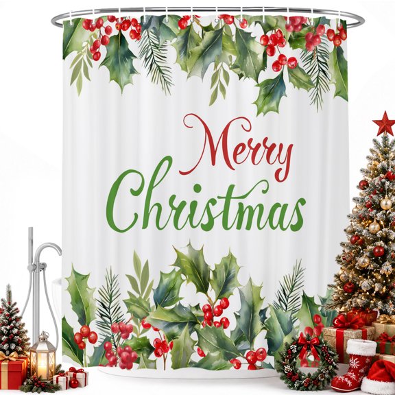 Christmas Red Berry Green Leaf Shower Curtain for Bathroom, Winter Farmhouse Botanical Waterproof Shower Curtains Washable Quick Dry with Hooks Bathtub Curtains 36x72IN