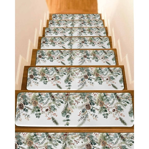 Christmas Stair Treads for Wooden Steps Indoor Runner Rug Carpet, Xmas Botanical Pinecone Eucalyptus Leaves 7 Pieces Peel and Stick Staircase Step Treads Covers Washable Throw Door Mats, 30"x8"