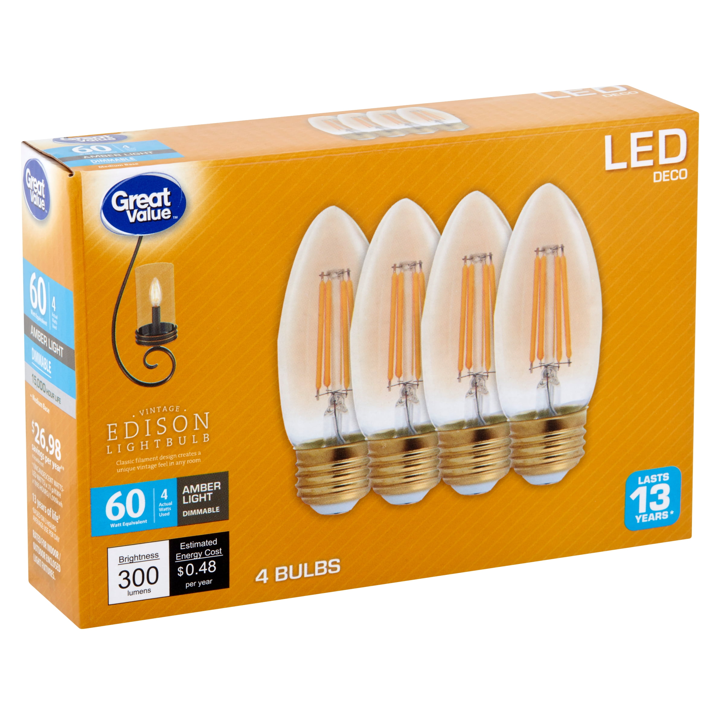 Great Value Led 4 Watts Deco Amber Light Medium Base Bulbs, 4 Count