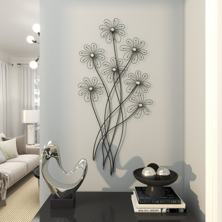 DecMode Black Metal 3D Wire Floral Wall Decor with Crystal