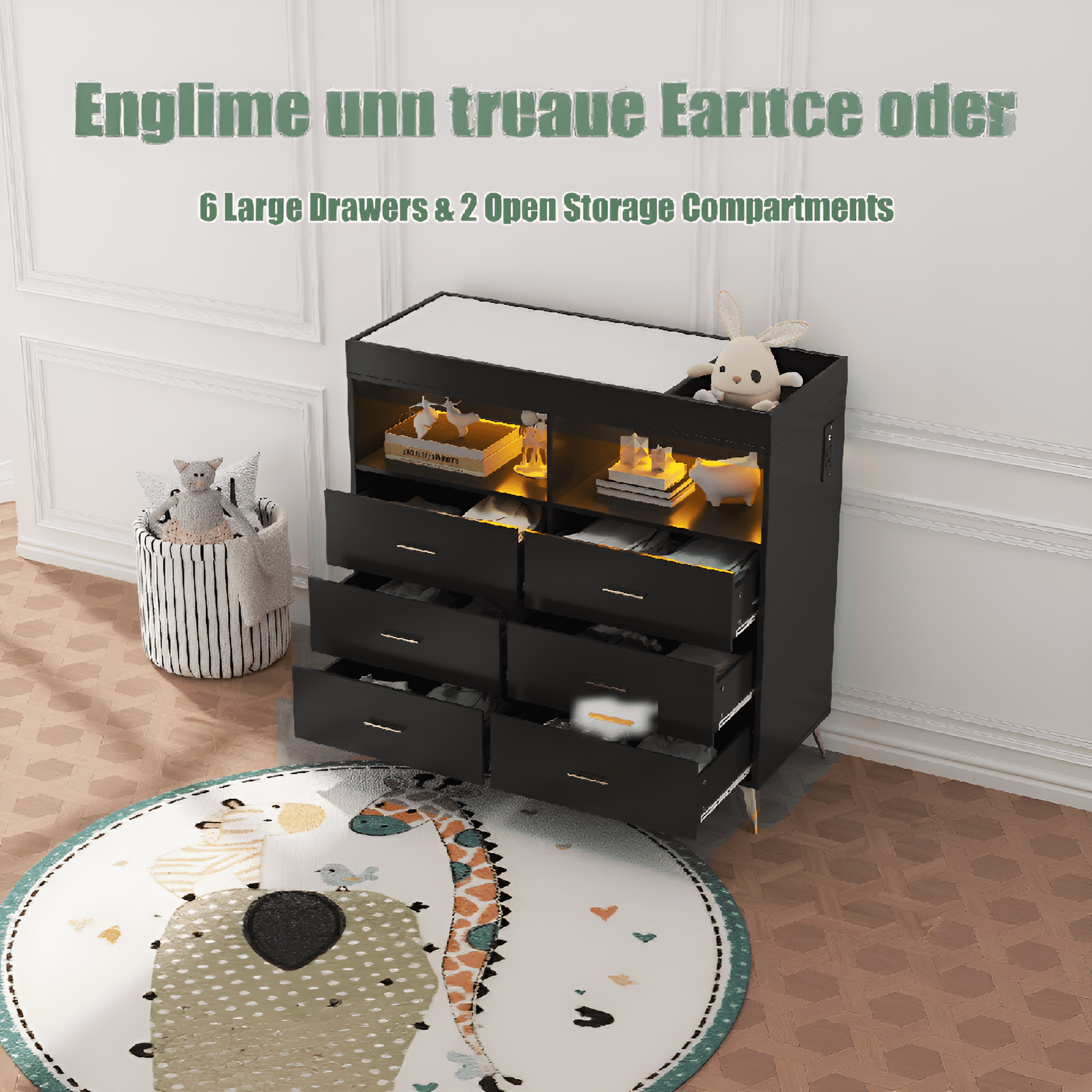 Towallmark 6 Drawer Dresser Changing Table Dresser with Changing Pad, LED Lights & Charging Station for Nursery Bedroom