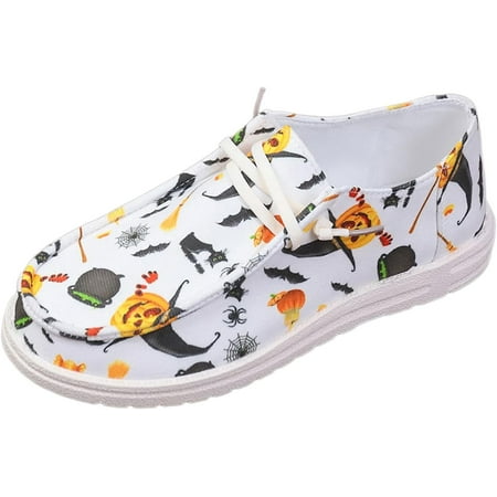 Women s Fashion Halloween Pumpkin Print Canvas Low Top Sneakers Halloween Decorations Platform Slip on Flats Loafers Shoes for Women Casual Breathable Comfortable Walking Canvas Sneakers Shoes