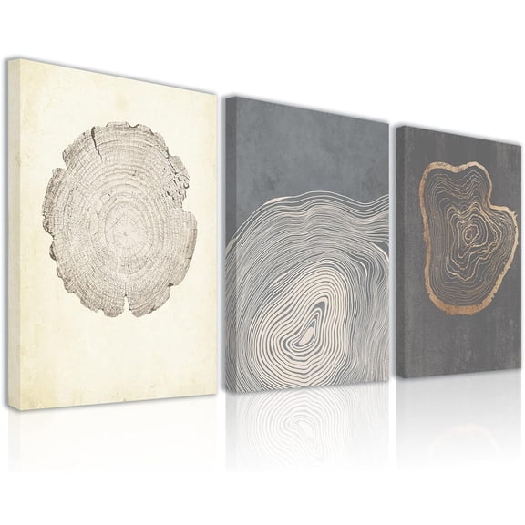 Canvas Tree Ring Wall Art, Pastel Gray Artwork, Minimalist Wall Art-12"x16"x3 Panels, Wood Spirals Nature Drawings Abstract Modern Print Wall Decor for Living Room, Bedroom, Office