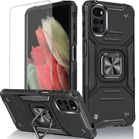 Circlemalls Case for Motorola Moto G22, Tempered Glass Screen Protector, Ring Stand Shockproof Cover-Black