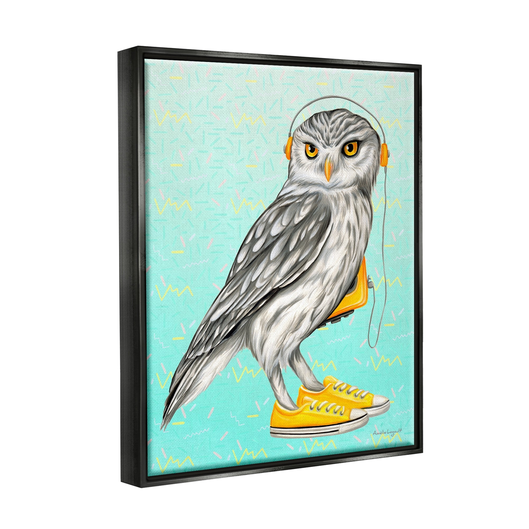 Stupell Industries Owl Wearing Yellow Sneakers Headphones Retro Pattern Graphic Art Jet Black Floating Framed Canvas Print Wall Art, Design by Amelie Legault