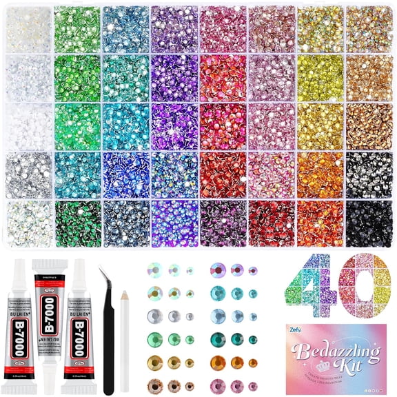 NovuLife 43000 Pcs Resin Rhinestones for Bedazzling, 40 Colors 2/3/4 mm Bedazzling Kit for Crafting, Flatback Gems with 3Pcs B7000 Glue for Clothing Shoes Nail Book Diamond Art