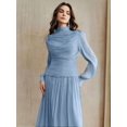 thumbnail image 3 of Baby Blue Ruched High Neck Long Sleeve Maxi Dress For Women, 3 of 30