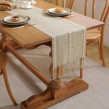 

Stripe Rustic Farmhouse Table Runners with Tassels Boho Cotton Linen Doilies Hollow Tablecloth Dresser Scarf for Table Holiday Party and Wedding Decorations