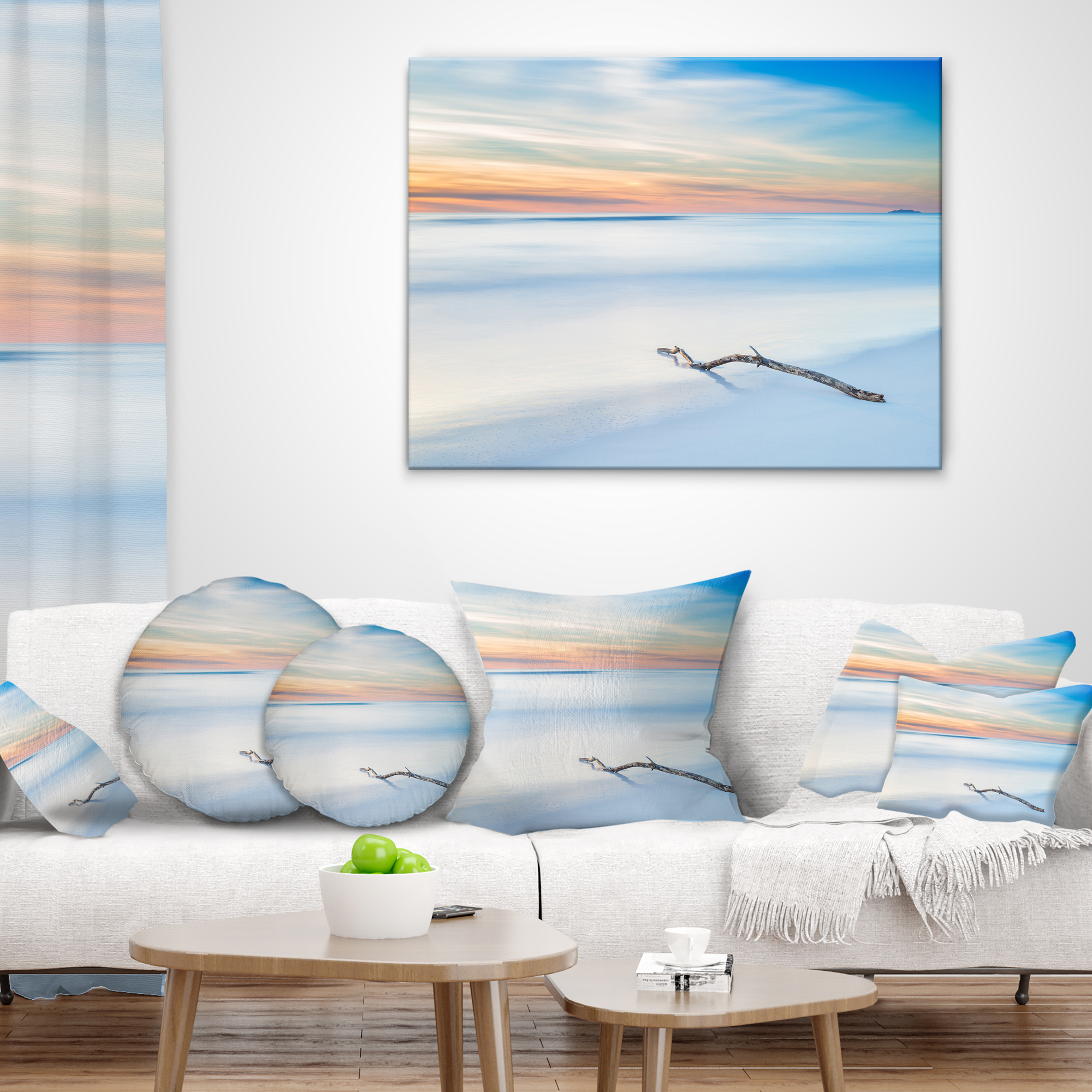 Designart Wood Branch on Beach at Twilight - Modern Seascape Throw Pillow - 18x18