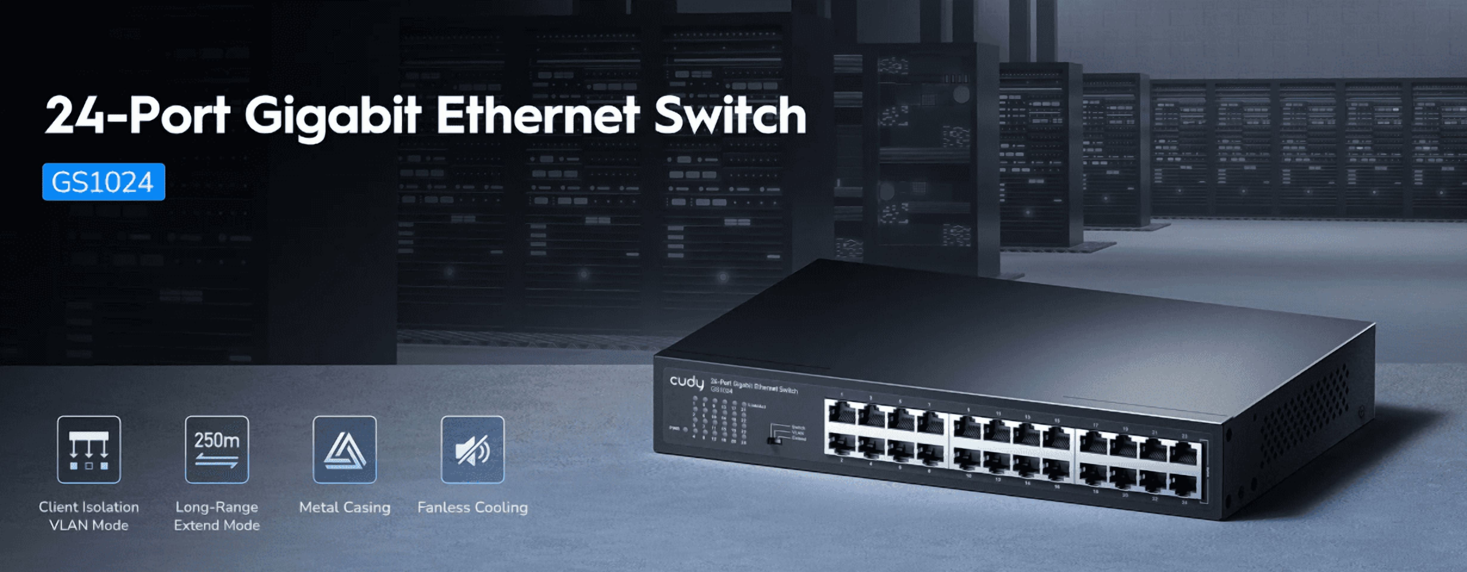 The GS1024 is a 24-port Gigabit Ethernet switch with a fanless, silent design. It supports VLAN/extended modes, desktop/rack mounting, and plug-and-play functionality.