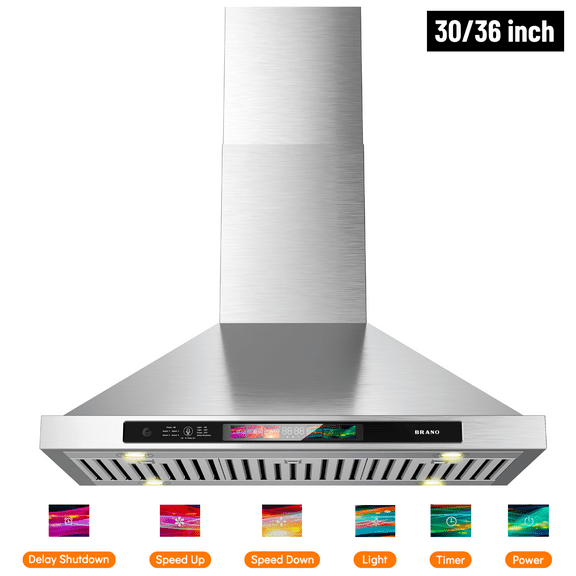 Brano 30 Inch Stainless Steel Wall Mount Range Hood, 900 CFM, Convertible with LED Lights and Charcoal Filter