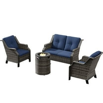 Meetleisure Outdoor Wicker Furniture Sets of 2 Patio Rattan Dining Armchairs with 1 Loveseat & 1 Round Cane Fire Pit Table with Grey Rattan, Blue