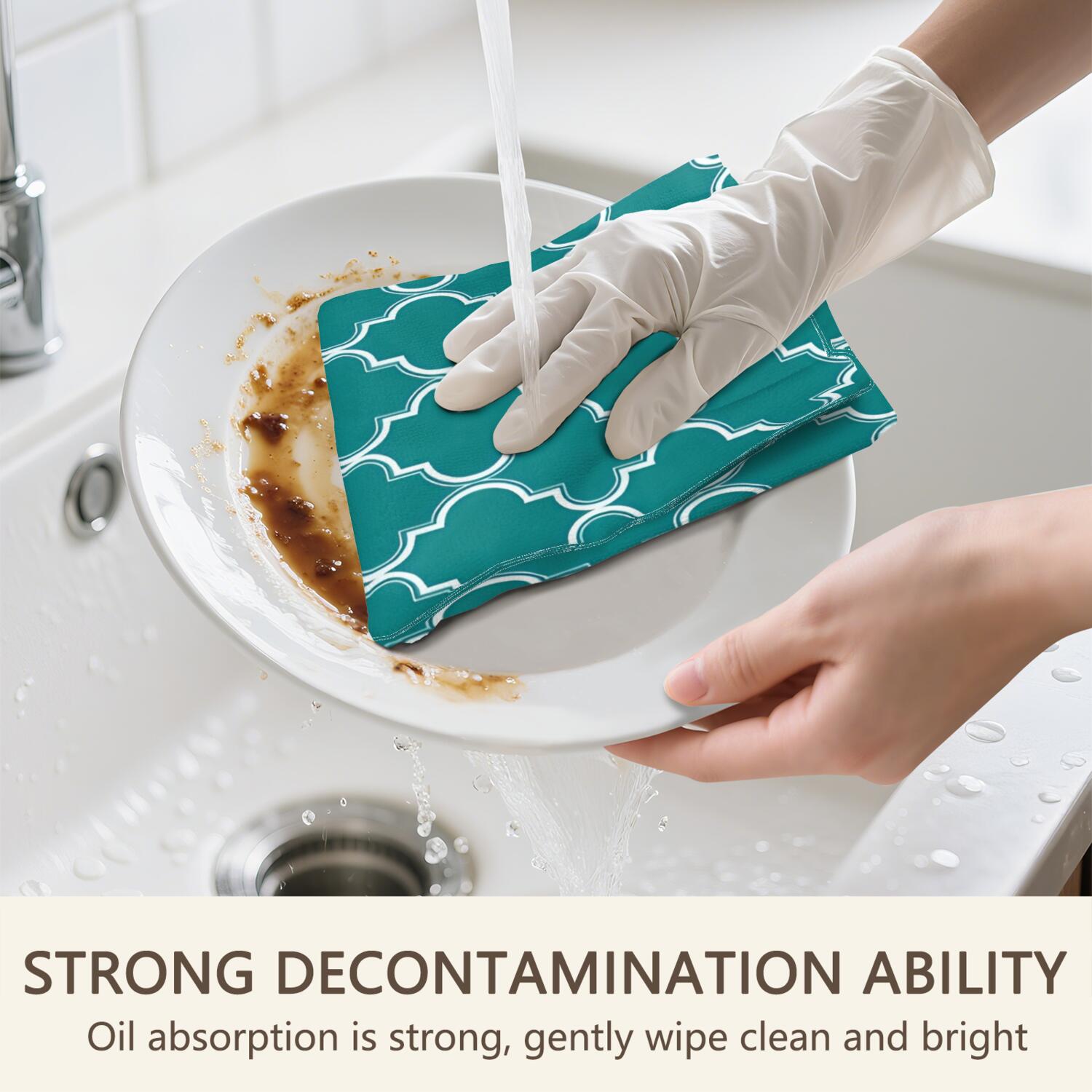 6 Pcs Funny Kitchen Towels,Teal Geometric Quatrefoil Pattern Microfiber Dish Towels,Kitchen Tea Towels,Kitchen Towel Set (18" X 26")