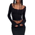 thumbnail image 2 of xiaxaixu Women's Spring Autumn Slim Crop Tops Black Long Sleeve Square Neck Button T-shirt, 2 of 5