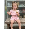 thumbnail image 5 of BemeyourBBs Toddler Baby Girls Summer Clothes Infant Baby Girls 2 Piece Outfits Short Puff Sleeve Square Neck Ruched Shirt Tops Belted Shorts Sets, 5 of 9