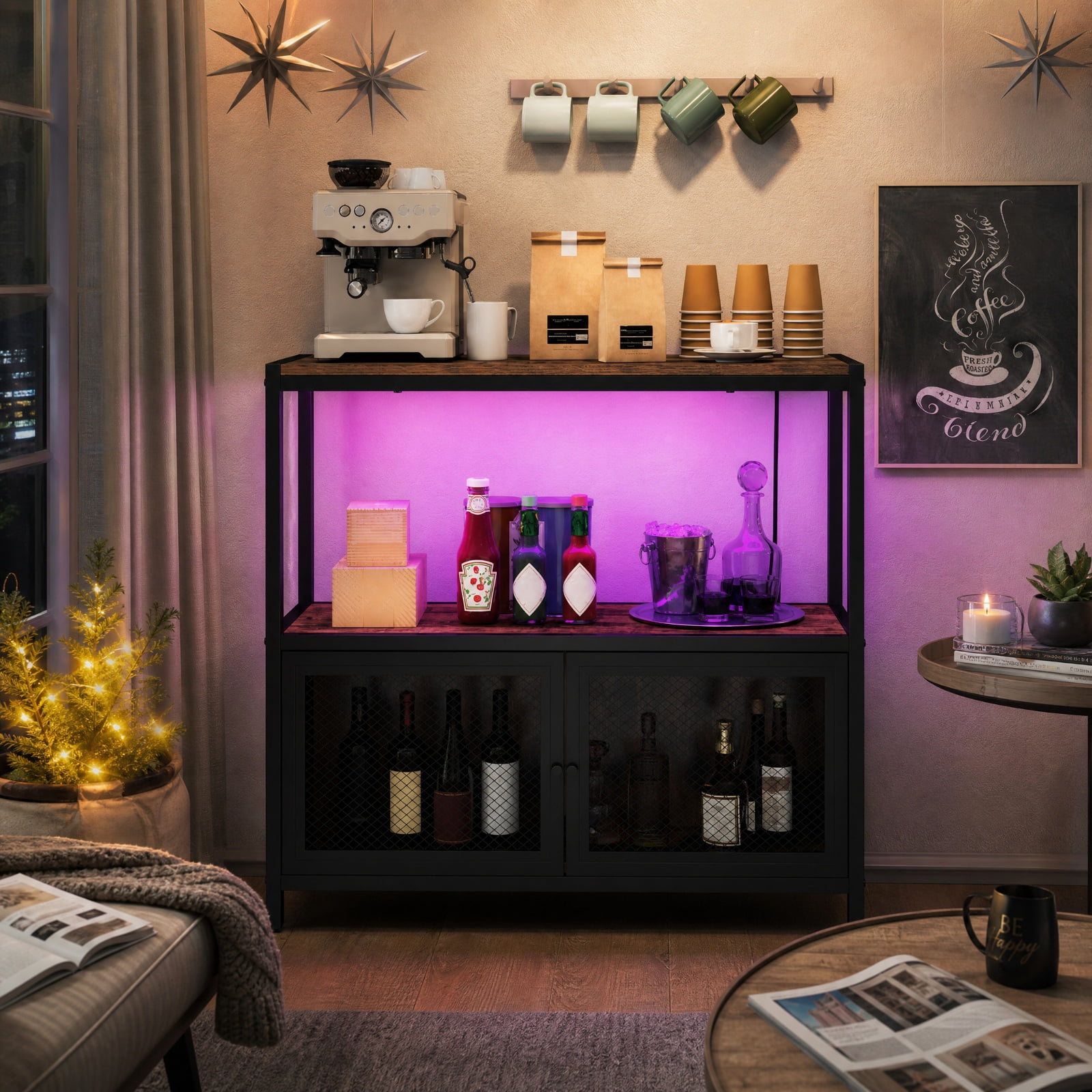 Furnibear Coffee Bar Cabinet with LED Lights and Built in Charging Station 3 Tier Open Shelf Storage for Home Kitchen Coffee Station, Rustic Brown