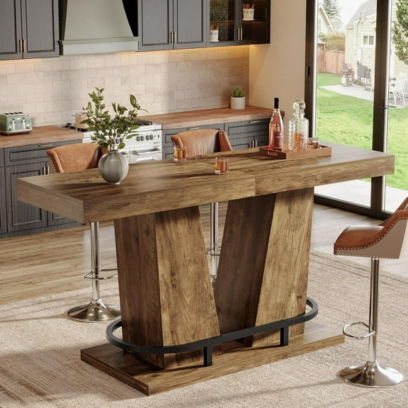 Finmind Rectangle Counter Height Pub Table for 4-6, 63" Long Bar Table with Metal Footrest, Industrial Home Bar Units for Pub, Bistro, Kitchen, Balcony, Dining Room (Rustic Brown)