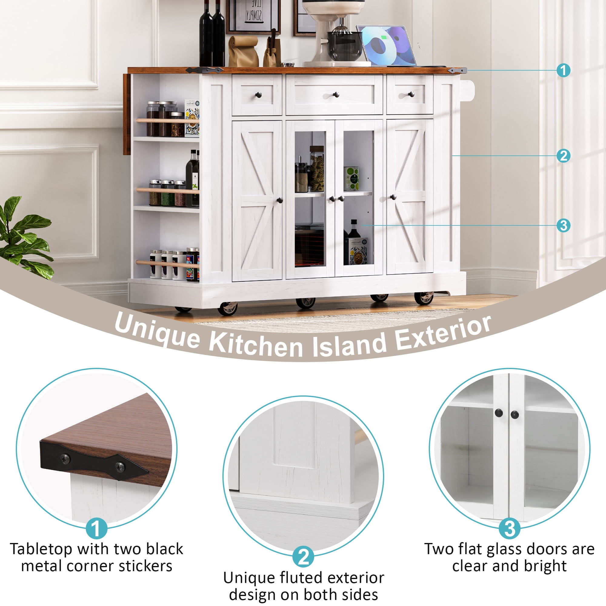 Euroco 53'' Farmhouse Kitchen Island with Two Tempered Glass Cabinet Doors，Rolling Kitchen Cart on Wheels