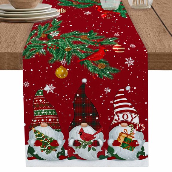 nqOlkjepod Christmas Gnomes Table Runner 70 Inches Long Farmhouse Dress Scarves, Red Pine Branches Cardinal Birds Dining Tablerunner for Coffee Table/Kitchen Island/Party Décor, 13" x 70"