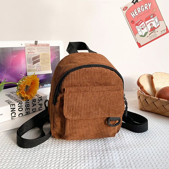 Casual Simple Corduroy Student Bookbags Solid Color Mini Backpack Traveling Backpacks BROWN