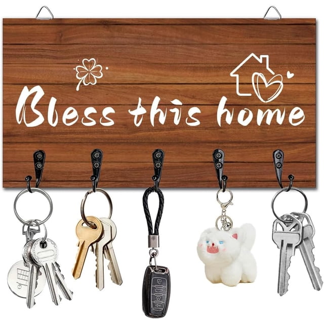 Organizador de llaves con ganchos para llaves, perchero de madera para colgar en la pared con 5 ganchos. Bless This Home