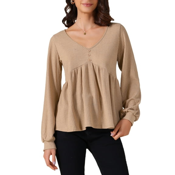 INSPIRE CHIC Women's Knit Peplum Top V Neck Long Sleeve Ruffle Hem Pullover Sweater S Khaki