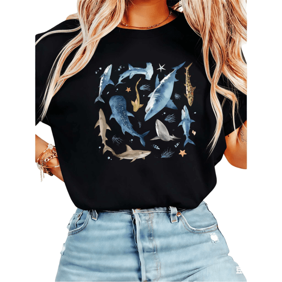 UNISHE Women's Watercolour Shark Species Sea Life Novelty Graphic Short Sleeve T-Shirt Casual Cotton Crewneck Top Black S-5XL