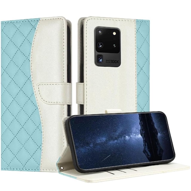 Quilted Wallet Case for Samsung Galaxy S20 Ultra with RFID Blocking Slots & Wrist Strap Stand Cover Green