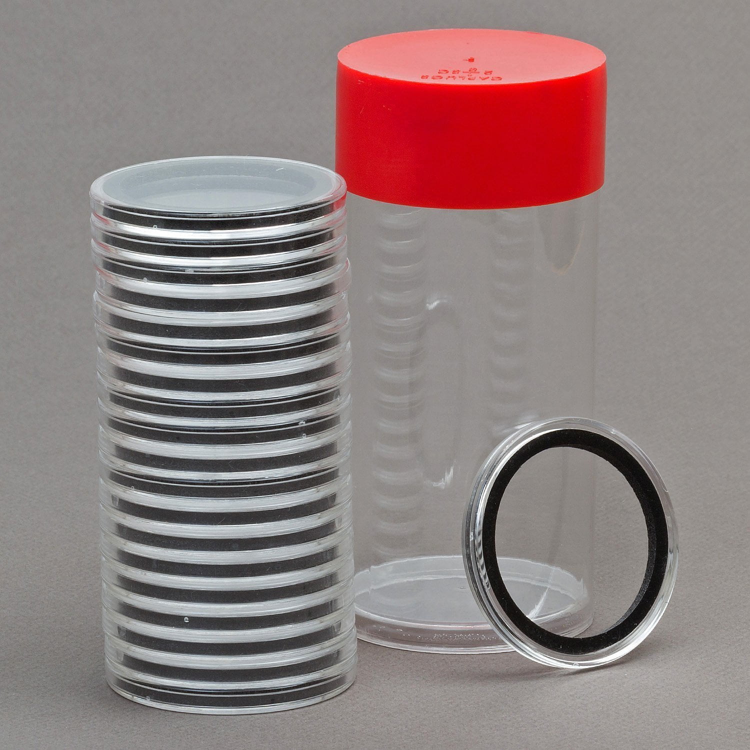 Details about   One Red Capsule Tube & 20 Air-Tite 34mm Black Ring Coin Holders 