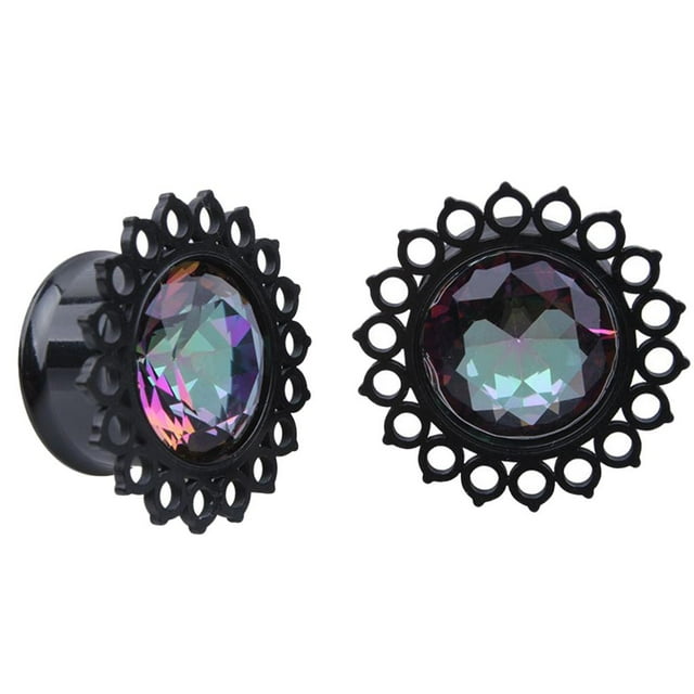 1 Par de Tapones para Los Oídos de Flores, de Carne de Cristal, Calibre de Ensanchador de material acero Negro Tribal 16 mm