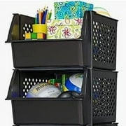 Skywin Plastic Stackable Storage Bins for Pantry, Office Use, Large, Black, 2 Pack