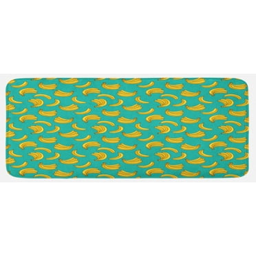Yellow and Blue Kitchen Mat, Tropical Bananas Pattern in Vivid Tones Exotic Style Palm Summer Graphic, Plush Decorative Kitchen Mat with Non Slip Backing, 47" X 19", Teal Yellow, by Ambesonne