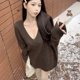 thumbnail image 2 of Suéteres holgados con cuello en V para mujer, jersey de punto de gran tamaño, estilo Harajuku, de manga larga, color liso, otoño e invierno, 2024, 2 of 5