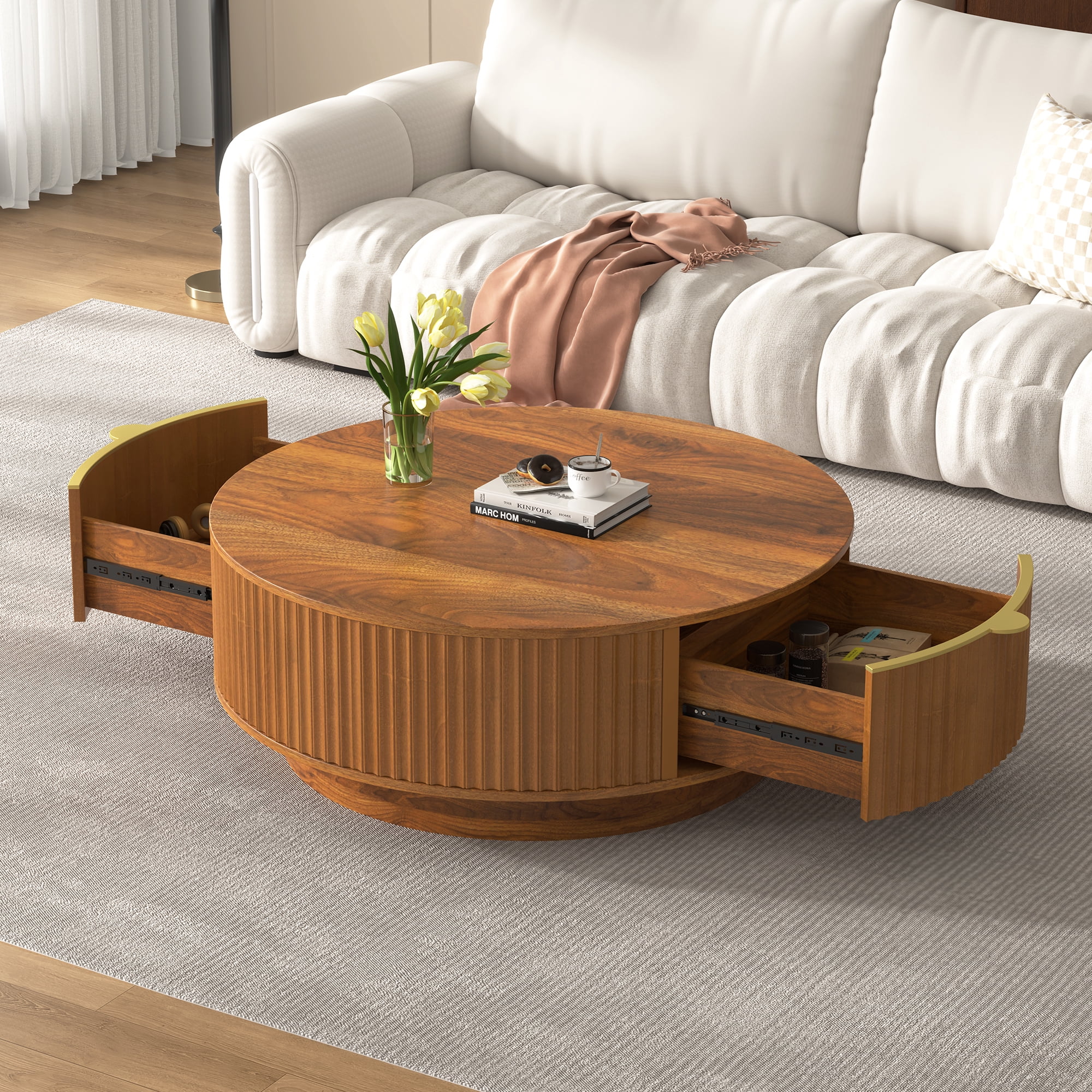 Leumius Round Coffee Table with Storage Drawer, Modern Fluted Coffee Table with Golden Handle, Wood Center Table for Living Room Brown