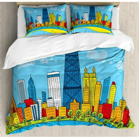 Chicago Skyline King Size Duvet Cover Set Cute Cartoon Style Chicago Skyline King Size Duvet Cover Set Cute Cartoon Style Childish City View With Colorful