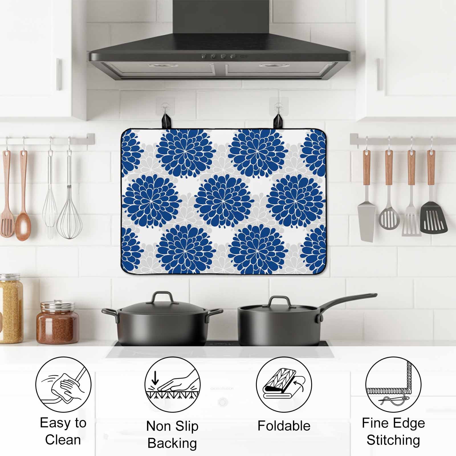 Dahlia Flower Stove Top Cover for Electric Stove, Heat-proof & Non Slip Glass Top Stove Cover Protector, Farmhouse Botanical Blue Grey Floral Kitchen Flat Cooktop Rubber Mat 24x21 Inches