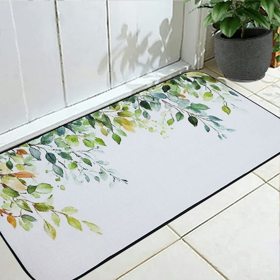 Qinduosi Anti Fatigue Kitchen and Door Mat Green White Eucalyptus Plant Non Slip Cushioned Kitchen Rug 19.68*47.24 in