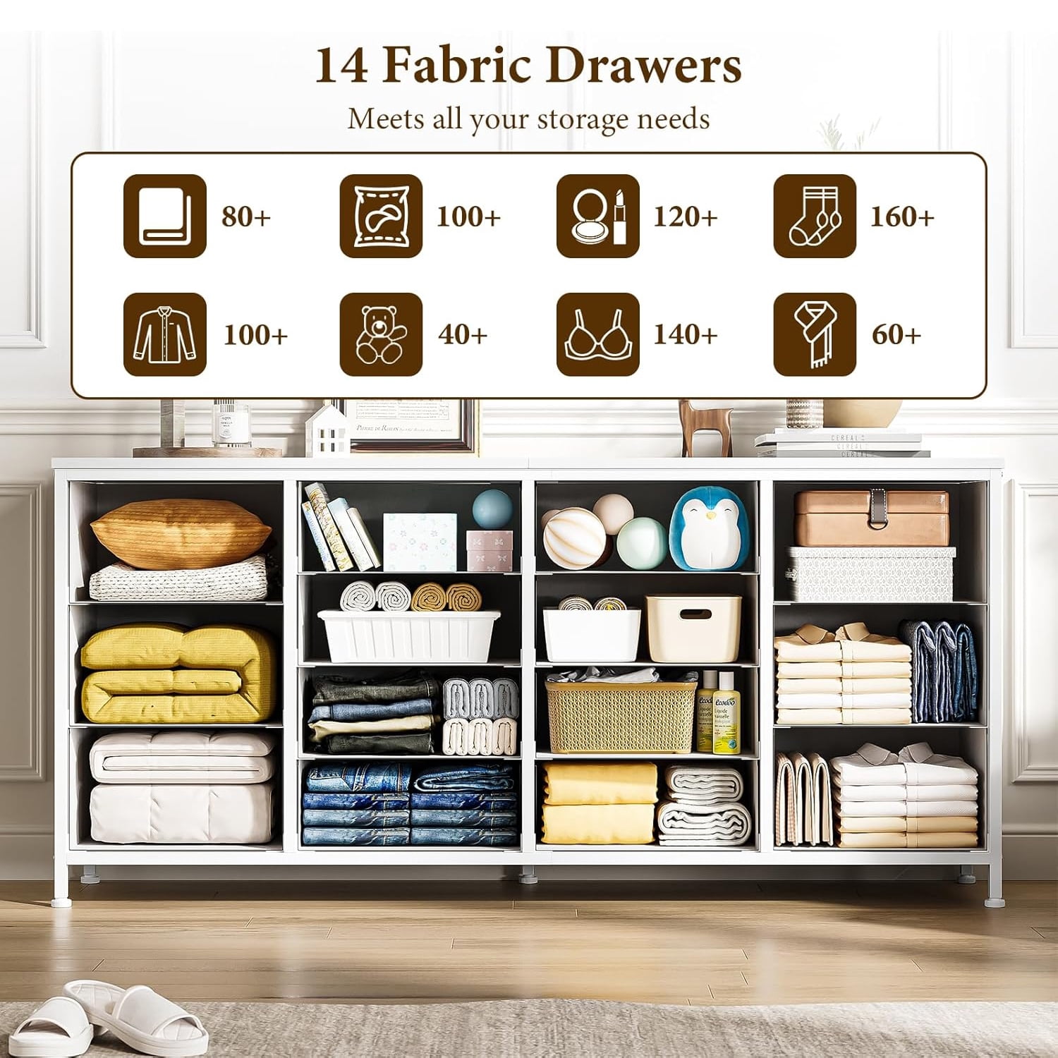 M optimized 63" Dresser for Bedroom, TV Stand for 65 70 75 inch TVs, 14 Drawer Dresser with Power Outlets, Large Long Fabric Dresser Entertainment Center
