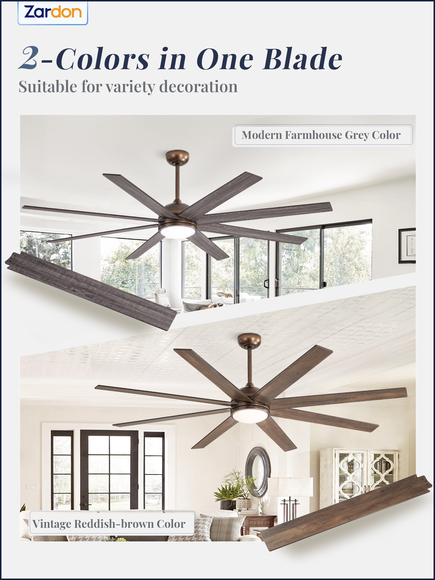 Zardon 72 inch Large Ceiling Fan with Light and Remote, Modern Ceiling Fan with 8 Reversible Blades, 6 Speed, for Indoor Outdoor, Bronze