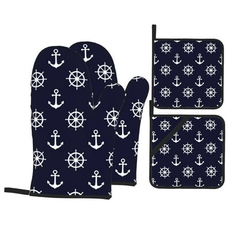 

Oven Mitts and Pot Holders Sets 4 pcs white Anchor steering wheel navyblue Non-Slip Oven Gloves Potholders Soft Quilted Lining Heat Resistant Gloves Hot Pads for Kitchen Cooking Baking