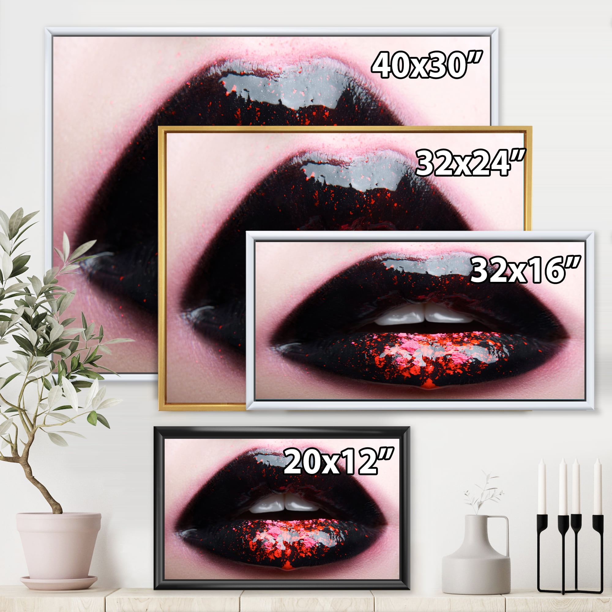 Designart 'Plump Woman Lips With Pink and Black' Modern Framed Canvas Wall Art Print