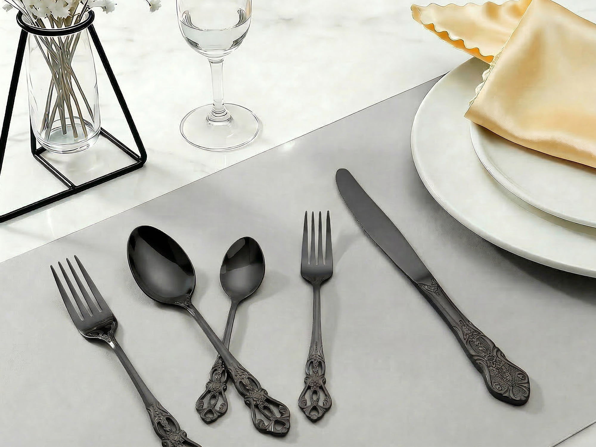 Unique Bargains 30 Piece Silverware Stainless Steel Flatware Set with Openwork Black